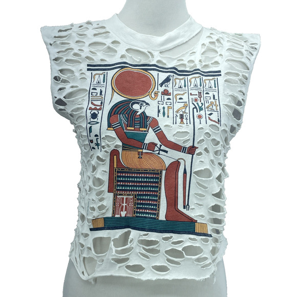 Vtg 1986 Oneita Power-T Egyptian Graphic Deity Ra Med T-shirt Cut Out Crop Top - Picture 1 of 9